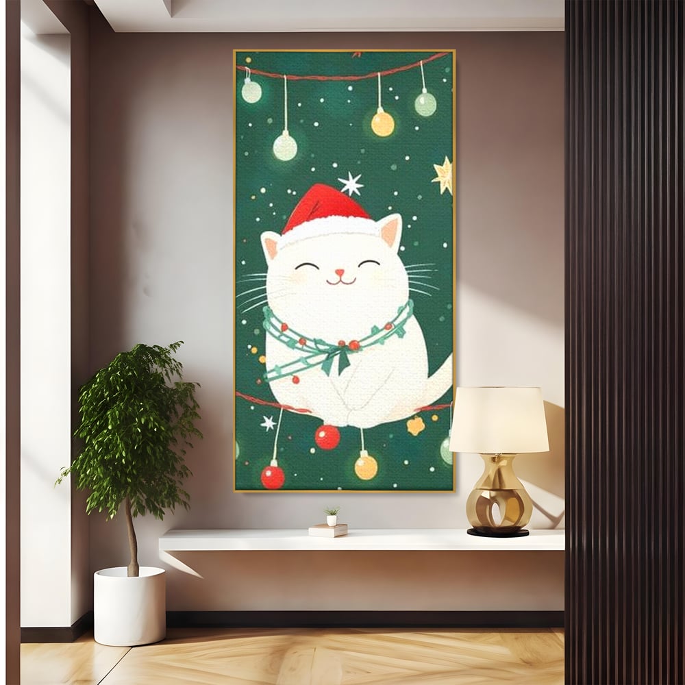 Tablou canvas cu ilustratie cu pisica alba de craciun, in rama de aluminiu auriu